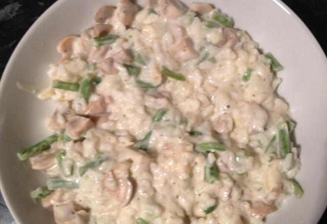 Risotto oignons, champignons, haricots verts