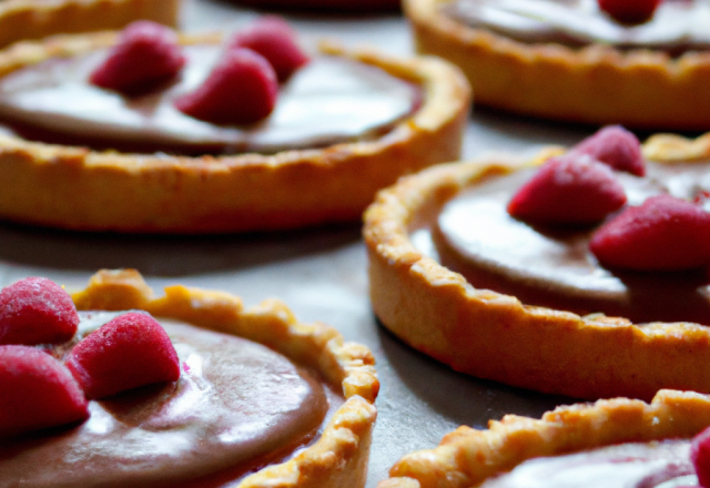 Tartelettes framboises/citron, coque en chocolat sur pâte sablée au pralin