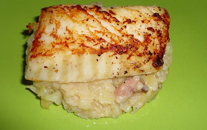 Cabillaud poêle risotto au chou et lard fume