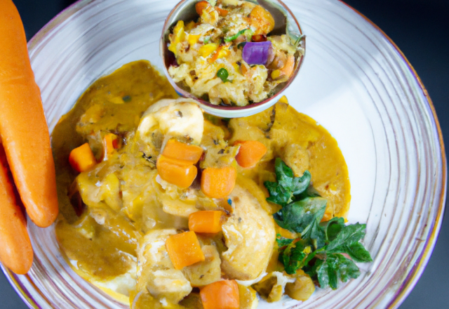 Cuisse de poulet et ses petits légumes sauce curry