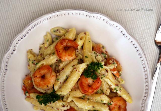 Pennes sauce parmesan, moutarde, quinoa et crevettes caramélisées au miel