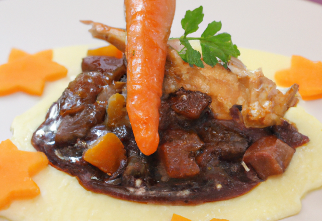 Coq au vin, purée de carotte et cips de pdt