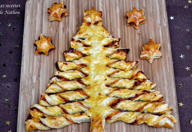 Sapin feuilleté et ses étoiles à la tapenade muhammara (poivrons grillés, noix et sirop de grenade)