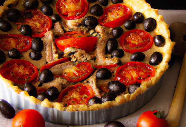 Tarte au thon, tomates et olives noires