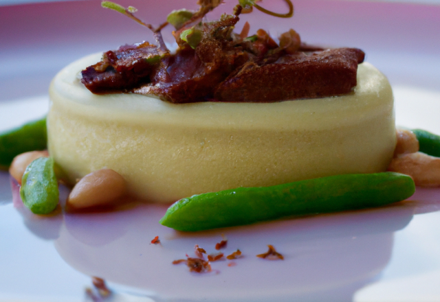 Le bavarois d'haricots de Soissons à l'huile de noisette et magret fumé au bois de hêtre