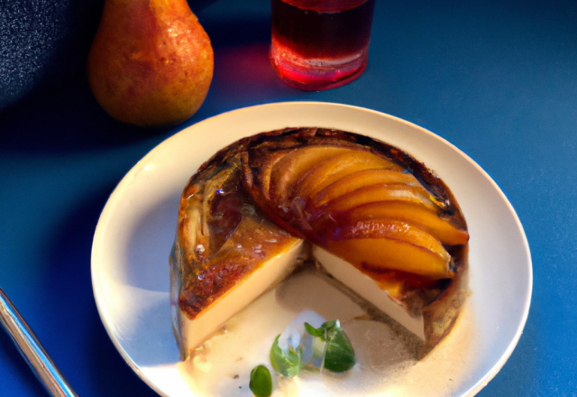 Cheesecake au roquefort et pain d'épice, sirop de vin et poires pochées