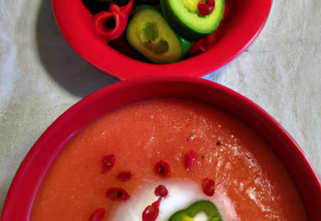 Soupe glacée de concombres, sorbet poivrons rouges