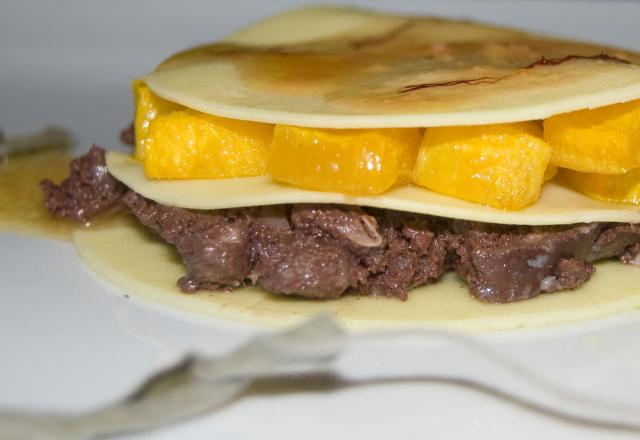 Lasagnes ouvertes au boudin noir, potiron et infusion