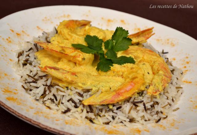 Gambas au curcuma de Madagascar, coriandre et riz sauvage