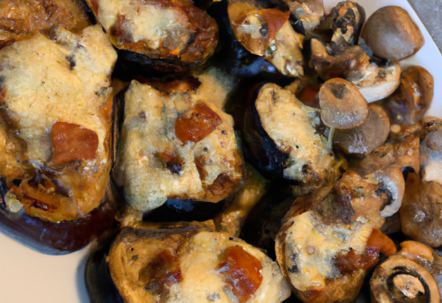 Aubergines gratinées farcies au lard et aux champignons