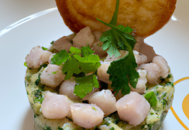 St Jacques et veau en tartare marinés à l'huile d'argan, pesto, coriandre