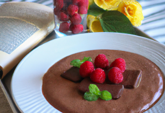 Mousse chocolat sur lit de framboises