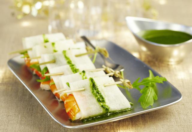 Ballotins de crevettes et roquette, pesto de menthe à l'Arôme