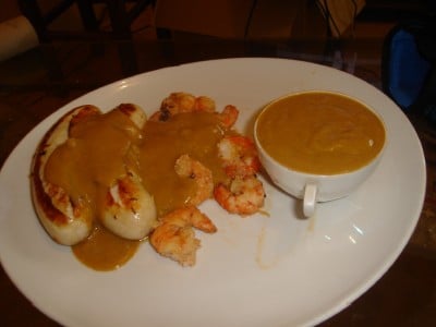 Crevettes et boudins blancs sautés au curry et leur Bisque de Crevettes façon Pascal