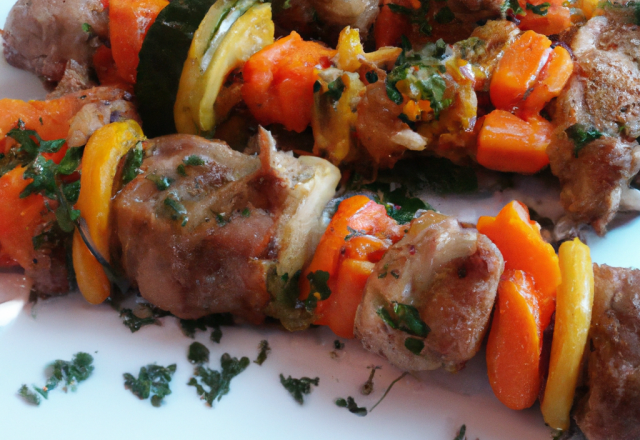 Brochette de veau aux écrevisses et légumes confits