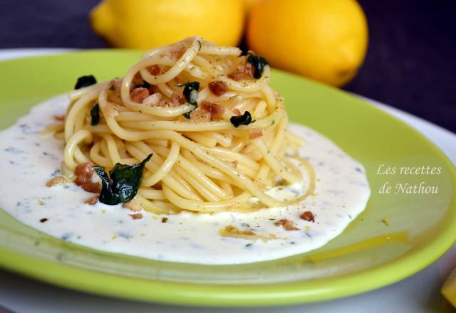 Spaghettis infusés aux écorces de citron et basilic, sauce crémeuse