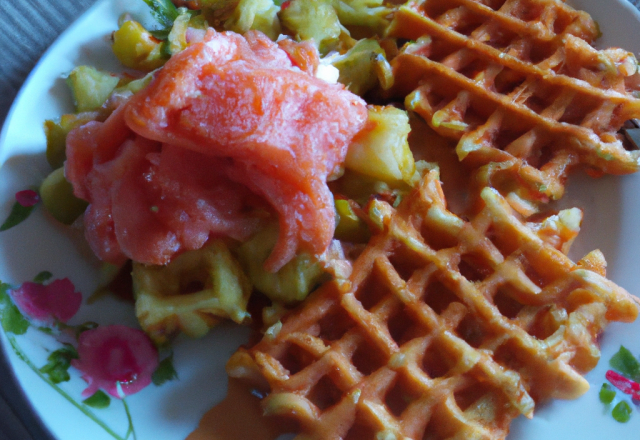 Le saumon mi-cuit et sa gaufre de pomme de terre