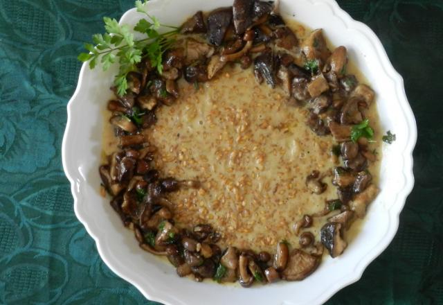 Risotto d'épeautre aux champignons, jus d'un rôti