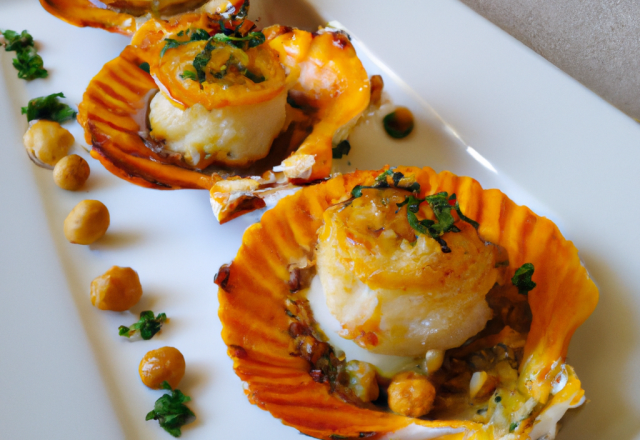 Coquilles Saint Jacques en croûte de noix et crème de potiron