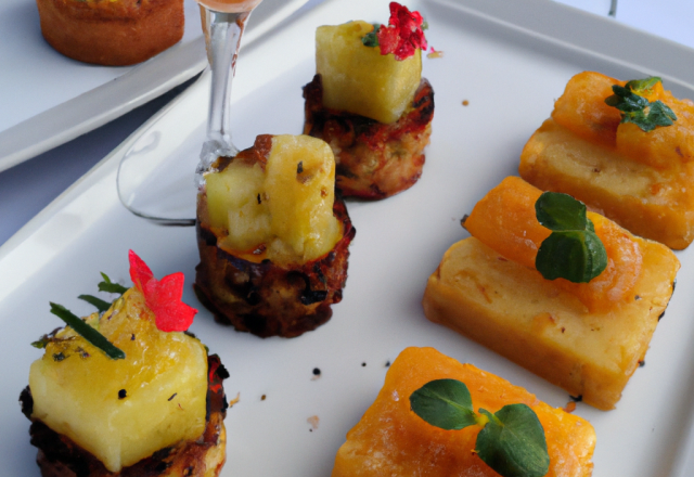 Mignardises de pain d'épices perdu à l'ananas et son tartare d'agrumes au champagne