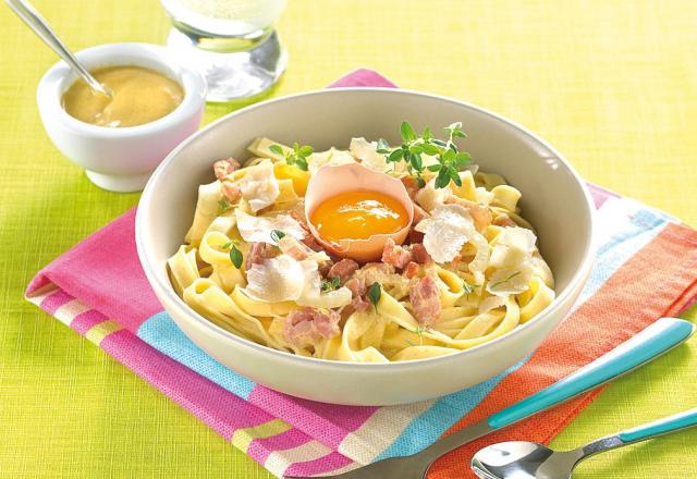 Tagliatelles à la carbonara lardons, crème, moutarde