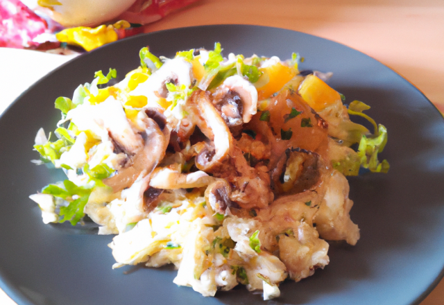 Salade tiède de raie au riz sauvage, pamplemousse, champignons