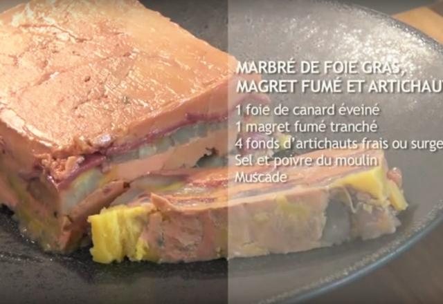 Marbré de foie gras, magret fumé et artichaut