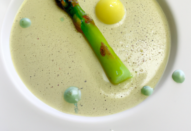 Bar de ligne, pulpe d'asperges vertes, emulsion citronelle