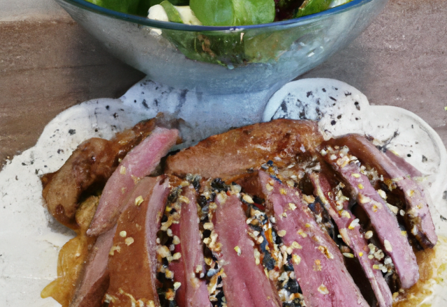 Salade de Ramen et  magret de canard aux graines de sésame grillées