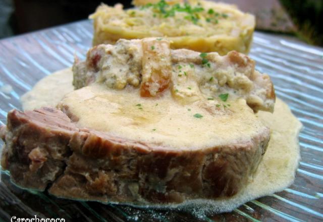 Filet mignon de porc au roquefort et choux aux 2 pommes