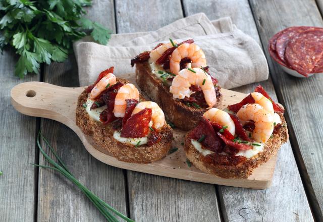 Bruschetta aux gambas et chorizo Halal Isla Délice