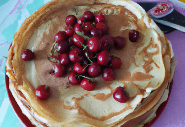 Gâteau de crêpes à la pêche et cerises