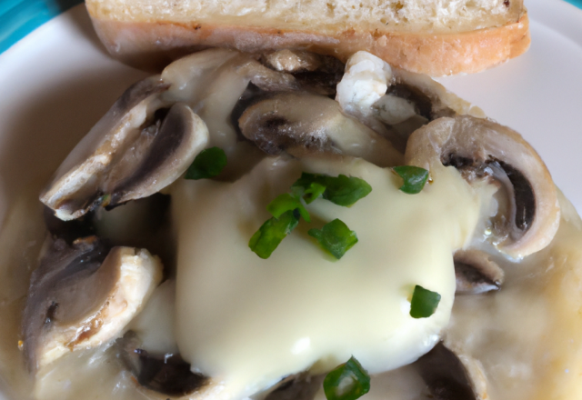 St-Jacques cuites au pain, émulsion d'oignons et champignons