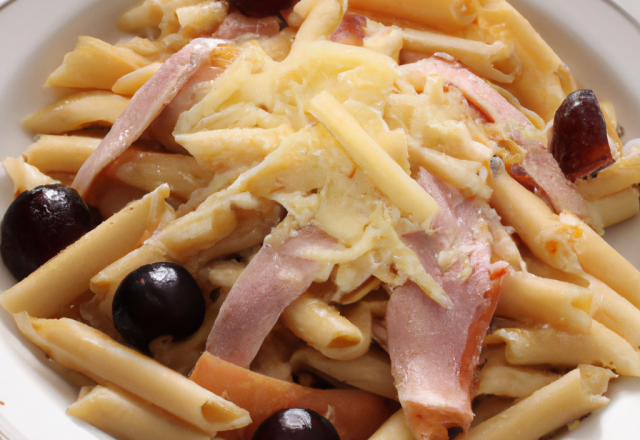 Penne au miel, fruits et jambon de Parme