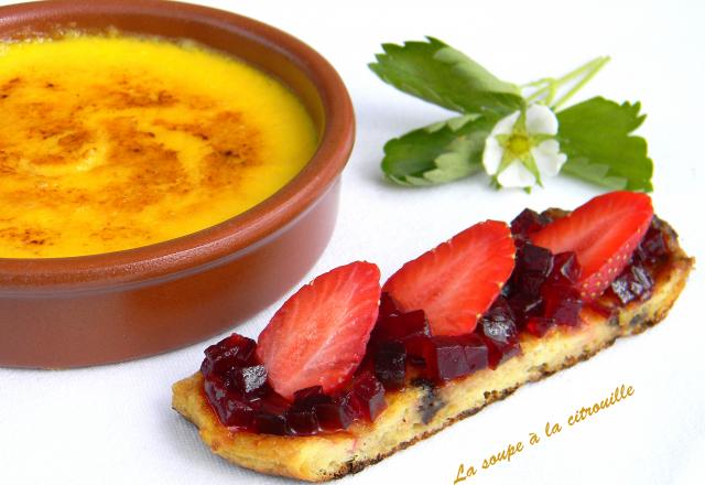 Crème catalane au safran et brioche perdue betterave rouge et fraise