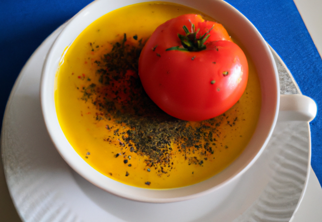 Cappuccino de curcuma sur velouté de tomates - fenouil