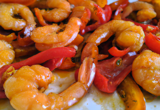 Crevettes poêlées sur lit de poivrons confits à l'huile de piment d'Espelette