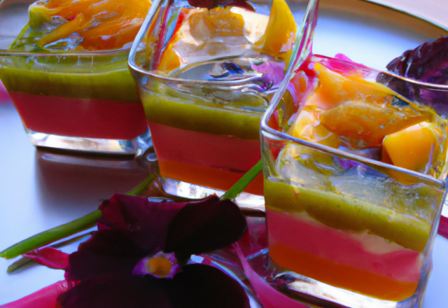 Verrines tricolores, gelée d'hibiscus, kaki et mousse de kiwi