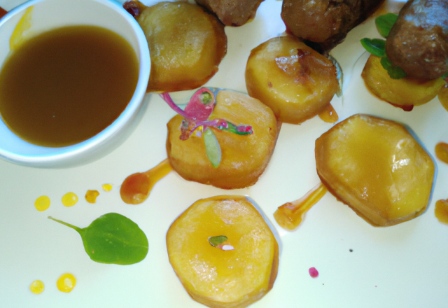 Boudin sur canapé de pommes caramélisée accompagné de julienne de pommes de terre