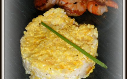 Crevettes légérement épicées, risotto créeux au mascarpone et curcuma