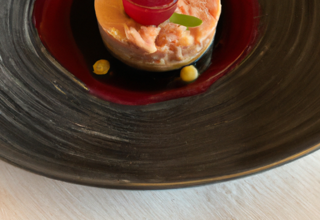 Tartare de thon, foie gras aux baies roses