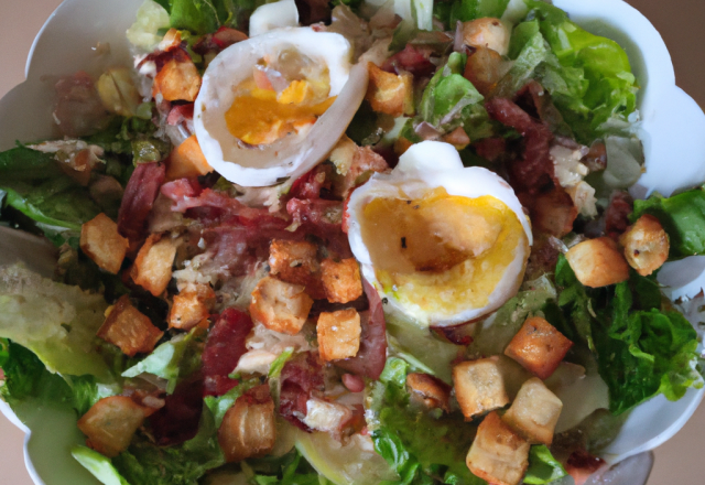 Salade frisée au fromage, croutons, pancetta et œufs pochés