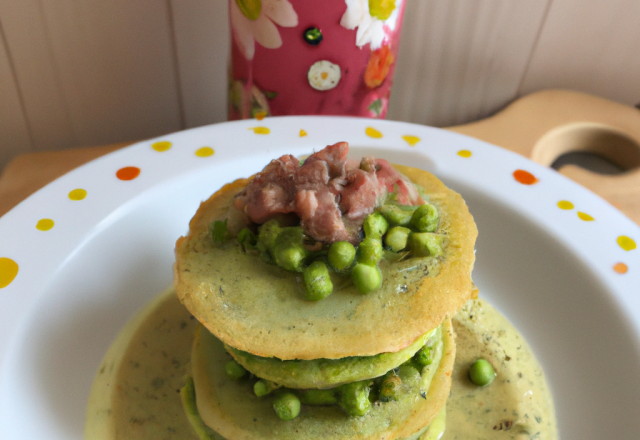 Blinis de lentilles vertes du Puy aux écrevisses, velouté de petits pois