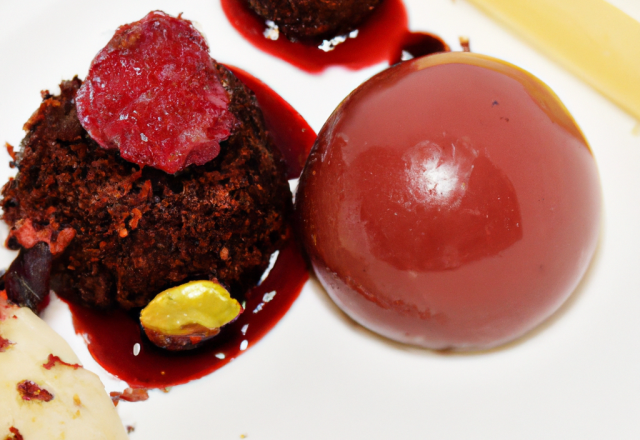 Cromesquis, chocolat Manjari et sorbet framboises poivrons rouges