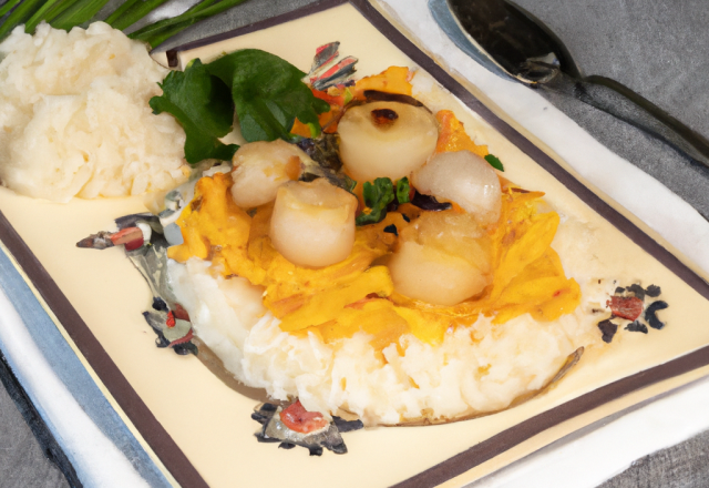 Coquille saint jacques à la bretonne sur son lit de riz pilaf