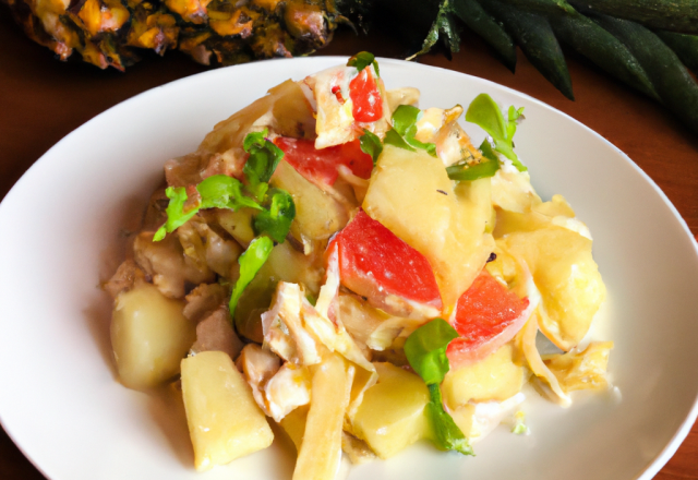 Salade de pommes de terre tièdes au crabe, ananas et pamplemousse