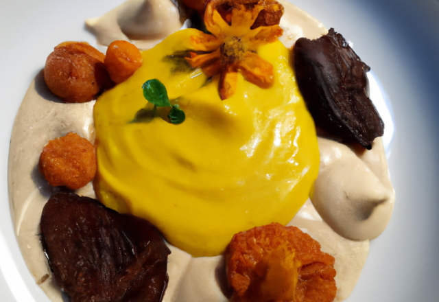 Confit de topinambour, crème et mousse de potimarron, mouillette de jaune doux à la truffe