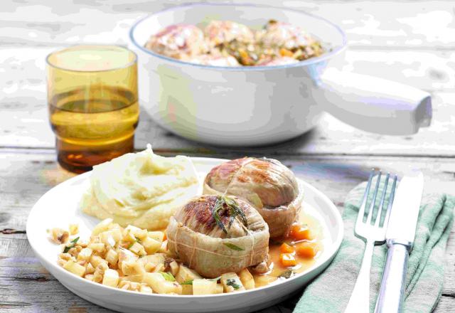 Paupiettes de veau braisées, purée de panais et estragon, cerneaux de noix