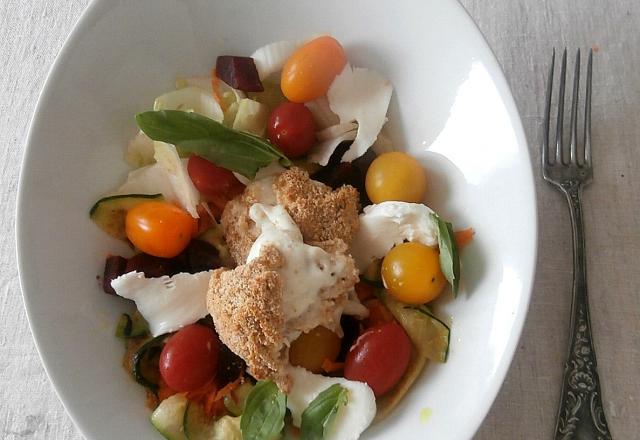 Salade mozza chaude, carottes, betteraves, courgettes