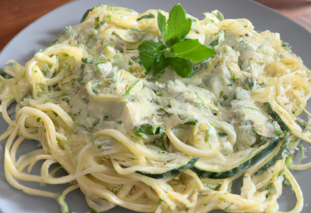 Spaghetti aux courgettes, crème ail et fines herbes